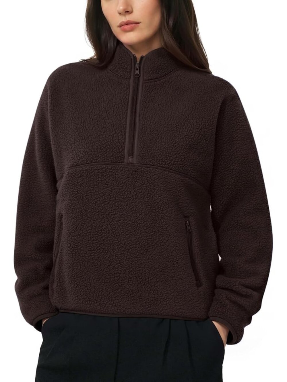 Women's Brown Mock Neck Quarter ZIP Fleece Sherpa Pullover Warm Sweatshirt